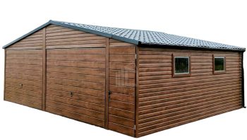 Plechová garáž 7m x 6m, sedlová střecha  - výklopná vrata - tmavý ořech TS223