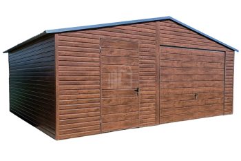 Plechová garáž 6m x 5m, sedlová střecha, vrata + dveře - tmavý ořech TS219 6x5