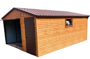 Plechová garáž 4,5m x 6m, sedlová střecha - imitace střešní tašky - výklopná vrata + dveře - světlý ořech imitace dřeva TS216 4, 5x6