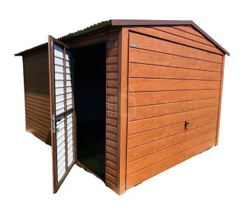 Plechová garáž 3m x 4m, sedlová střecha, vrata + dveře světlý ořech TS227 3x4