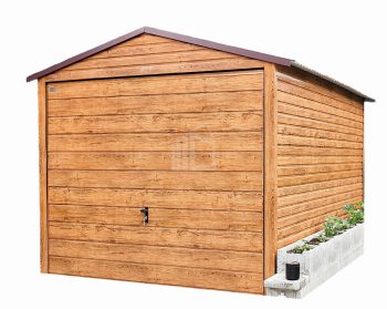 Plechová garáž 3m x 6m, sedlová střecha, výklopná vrata - imitace dřeva TS229 3x6