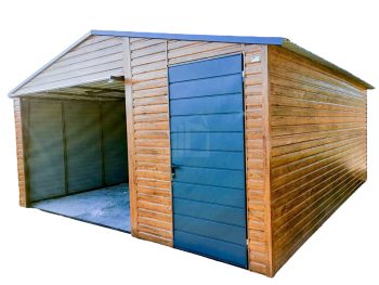 Plechová garáž 5m x 5m, sedlová střecha - výklopná vrata + dveře - světlý ořech + antracit TS234  5x5