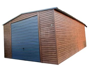 Plechová garáž 5m x 7m, sedlová střecha - výklopná vrata - tmavý ořech TS236 5x7