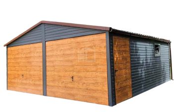 Plechová garáž 6m x 5,5m, sedlová střecha - 2x výklopná vrata + dveře + okno - antracit - imitace dřeva TS237 6x5,5