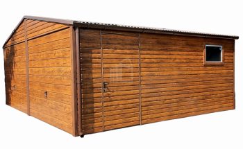 Plechová garáž 6m x 5,8m, sedlová střecha, 2 x vrata + dveře, imitace dřeva TS239 6x5,8