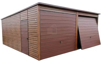 Plechová garáž 6m x 5,8m, spád dozadu, 2x výklopná vrata + dveře - tmavý ořech- imitace dřeva TS241 6x5,8