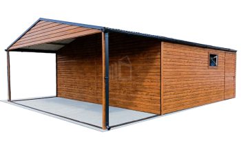 Plechová garáž 6m x 5m, sedlová střecha, 2 x vrata - světlý ořech - přístřešek - dveře - okno PVC TS242 6x5