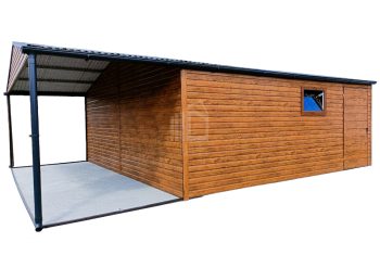 Plechová garáž 6m x 6m, sedlová střecha, 2 x vrata - světlý ořech - přístřešek - dveře- okno PVC TS121 6x6