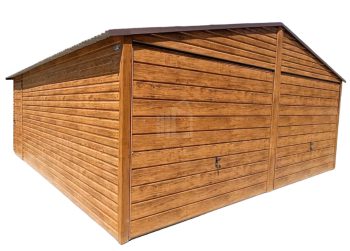 Plechová garáž 6m x 6m, sedlová střecha, 2x vrata dveře - imitace dřeva TS249 6x6
