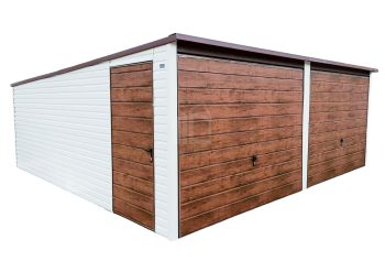 Plechová garáž 6m x 6m, spád dozadu, 2x výklopná vrata - tmavý ořech+ bílá -  dveře TS252 6x6