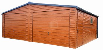 Plechová garáž 7m x 6m, sedlová střecha, 2x vrata +  dveře -  imitace dřeva TS254 7x6
