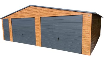 Plechová garáž 8m x 7m, sedlová střecha - 2x výklopná vrata + dveře - Antracit - imitace dřeva TS256 8x7