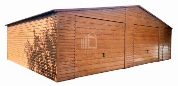 Plechová garáž 9m x 6m, sedlová střecha, 2x vrata + dveře - světlý ořech TS257 9x6