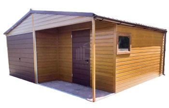 Plechová garáž 6m x 6m, sedlová střecha - vrata + dveře + okno - výklenek, světlý ořech + hněda TS316 6x6