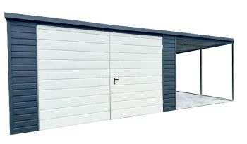 Plechová garáž 4m x 6m, přístřešek 3m x 6m - spád dozadu -vrata  - antracit + bílá TS313 4x6