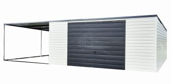 Plechová garáž 6m x 6m, přístřešek - spád dozadu - výklopná vrata + dveře - černá + bílá TS299  6x6