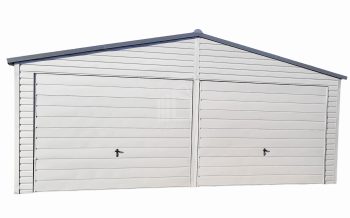 Plechová garáž 6,5m x 6m, sedlová střecha - 2x výklopná vrata - bílý + antracit TS292 6,5x6