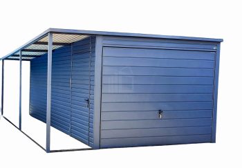 Plechová garáž 3m x 5m + přístřešek 1m, spád dozadu - výklopná vrata  - antracit grafit TS288 3x5