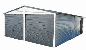 Plechová garáž 6m x 7m, sedlová střecha -  2x výklopná vrata + dveře - bílý antracit TS282 6x7
