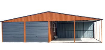 Plechová garáž 6m x 6m, přístřešek 6m x 6m - sedlová střecha, 2x výklopná vrata + 2x přístřešek + dveře - světlý ořech TS266
