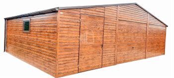 Plechová garáž 9m x 7m, sedlová střecha, 2x výklopná vrata + 2x dveře - světlý ořech TS265 9x7