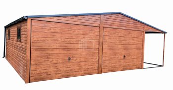 Plechová garáž 6m x 6m + 2m přístřešek, sedlová střecha, 2x výklopná vrata  + dveře + 2x okno - imitace dřeva TS263 6x6