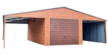 Plechová garáž 6,5m x 6m + 3m přístřešek - sedlová střecha, 2x výklopná vrata + dveře + 2x okno - imitace dřeva TS262 6,5x6