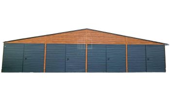 Plechová garáž 12m x 6m, sedlová střecha - 4x dvoukřídlá vrata - zlatý dub + antracit TS260  12x6