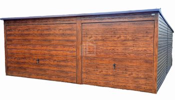 Plechová garáž 6m x 6m, spád dozadu - 2x výklopná vrata tmavý ořech- imitace dřeva TS276 6x6