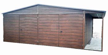 Plechová garáž 6m x 5,8m + přístřešek - sedlová střecha - 2x vrata + dveře - imitace dřeva TS273 6x5,8