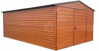 Plechová garáž 4m x 6m, sedlová střecha + vrata - světlý ořech - imitace dřeva TS270 4x6
