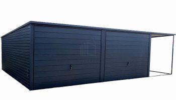 Plechová garáž 6m x 5m,  spád dozadu, 2x výklopná vrata - přístřešek -  dveře + antracit BTX 7016 TS221 6x5