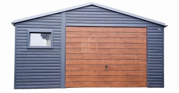 Plechová garáž 5m x 5m, sedlová střecha - vrata - antracit  imitace střešní tašky TS218 5x5
