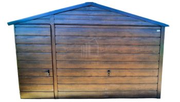 Plechová garáž 4m x 7m, sedlová střecha, výklopná vrata +  dveře + 2x okno - tmavý ořechTS272 4x7