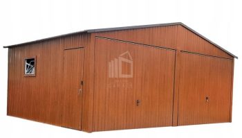Plechová garáž 6m x 5m, sedlová střecha, 2x výklopná vrata + dveře + okno světlý ořech TS275  6x5