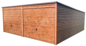 Plechová garáž 6m x 5,8m, spád dozadu - 2x výklopná vrata + dveře - světlý ořech - imitace dřeva TS294 6x5,8