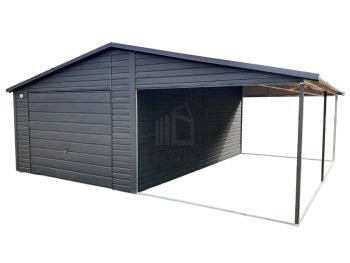 Plechová garáž 4x6 - přístřešek 3,5x6 - výklopná vrata - antracit - sedlová střecha TS626