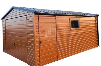 Plechová garáž 4m x 5m, sedlová střecha - imitace střešní tašky - výklopná vrata - zlatý dub imitace dřeva TS217 4x5