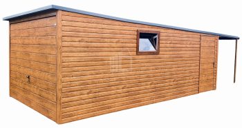 Plechová garáž 3m x 6m, spád dozadu, výklopná vrata - přístřešek - dveře + okno PVC - imitace dřeva TS214 3x6