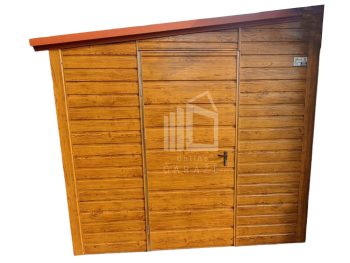 Zahradní domek - Garáž 2,5x6 - výklopná vrata - dveře - světlý ořech - Imitace dřeva - střecha spád do leva TS633