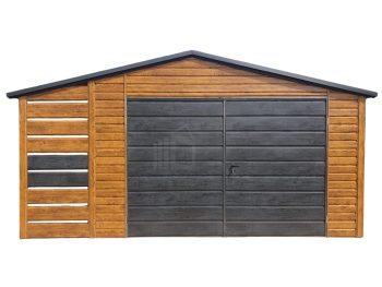 Plechova garáž 4x5 + přístřešek 1x5 - Dvoukřídlá vrata - okno - okapy - světlý ořech + norská borovice - Imitace dřeva - střecha sedlová  TS211