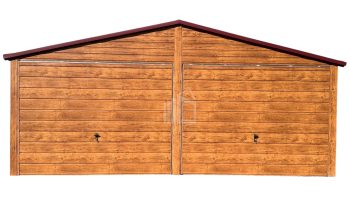 Plechova garáž 6x6m 2x výklopná vrata  2x Okno - světlý ořech  Imitace dřeva - okapy - střecha sedlová  TS637