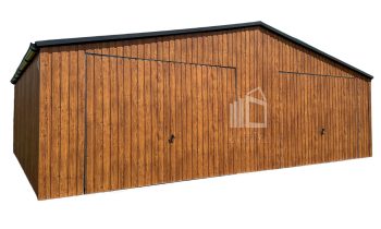 Plechova garáž 8x6m 2x  výklopná vrata - dveře - světlý ořech - Imitace dřeva - okapy - střecha sedlová TS638