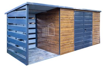 Zahradní domek 4x2m + přístřešek 1,5m - dveře - světlý ořech - Imitace dřeva - střecha spád dozadu TS639