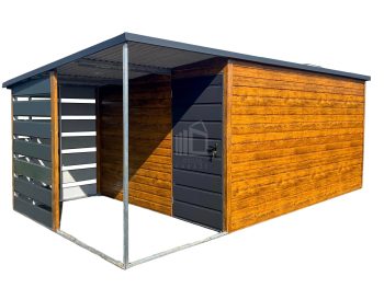 Zahradní domek  4x3m + přístřešek 1,5m - dveře - světlý ořech - Imitace dřeva - antracit - střecha spád dozadu  TS642