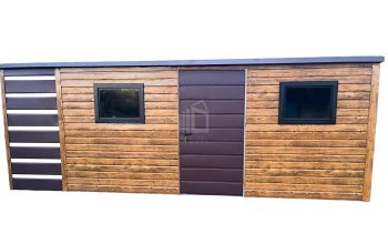 Zahradní domek 5x2,5m + přístřešek - dveře - 2x Okno - světlý ořech - Imitace dřeva - tmavě hnědá - střecha spád dozadu TS643