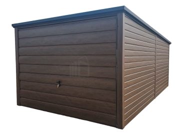 Plechova garáž 3x6m - výklopná vrata - tmavě hnědá - Imitace dřeva - střecha spád dozadu  TS644