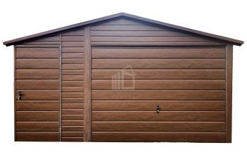 Plechova garáž 4,5x6m + přístřešek 1,5m - výklopná vrata - dveře - tmavý ořech - Imitace dřeva - střecha sedlová TS648