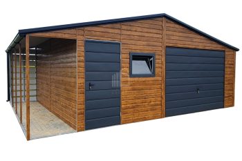 Plechova garáž 7x6m  výklopná vrata -   výklenek -  dveře - Okno -  světlý ořech - Imitace dřeva - Antracit - okapy -  střecha  sedlová TS566