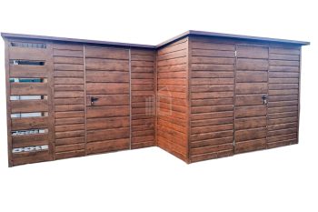 Zahradní domek 5x5 +  přístřešek 2x  dveře -  světlý ořech - Imitace dřeva -  střecha  spád dozadu  TS656
